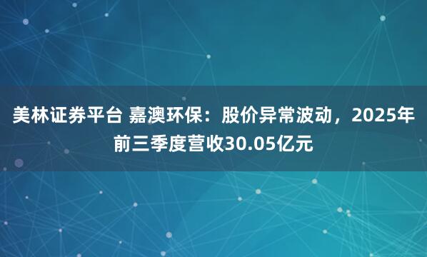 美林证券平台 嘉澳环保：股价异常波动，2025年前三季度营收30.05亿元